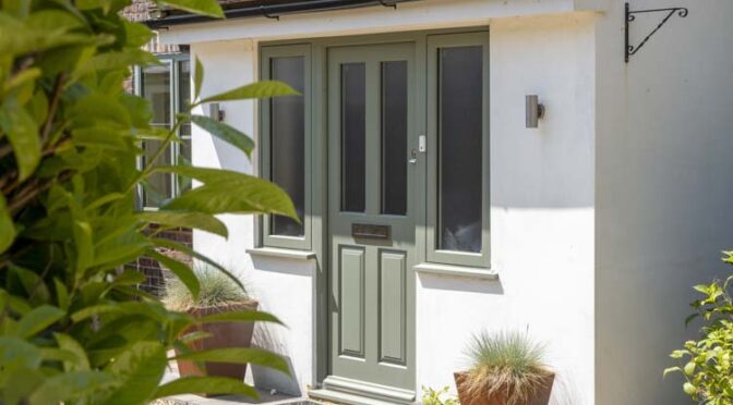 Energy-efficient timber front door with glazed sidelights
