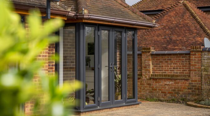 Dark Grey French Doors and Sidelights replace Wooden Box Bay Windows in Kitchen, Finchampstead.