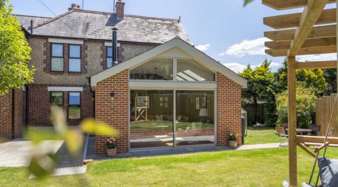 French Grey Slimline Sliding Doors for Traditional Atrium Extension in Waterlooville