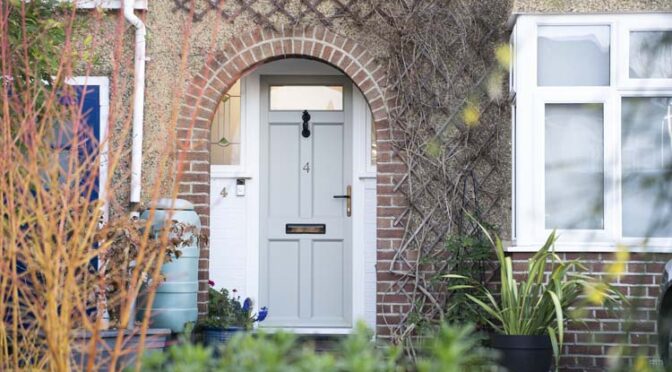 Georgian Front Door with Stained Glass Windows, enhances Arched Porch, Windsor.