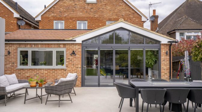 Metallic Grey Bifolds for Gable End Kitchen Extension, Aldershot