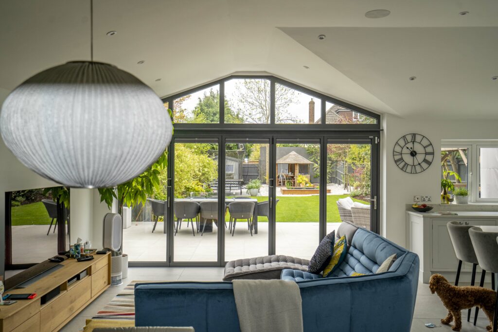Garden-facing bifold doors with secure glazing and slim frames