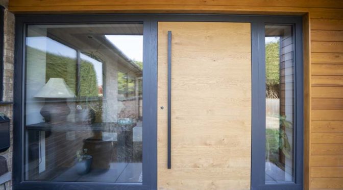 Natural Oak Front Door with Sidelights to create a Minimalistic Entrance, Pirnar Premium 1850, Reading