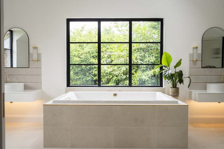 Industrial-style black steel-look windows in modern interior