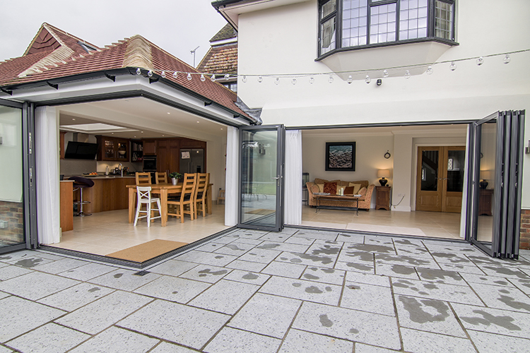Solarlux SL 60e Bifolding Door with Moveable Corner and Solarlux French Doors, Harpenden